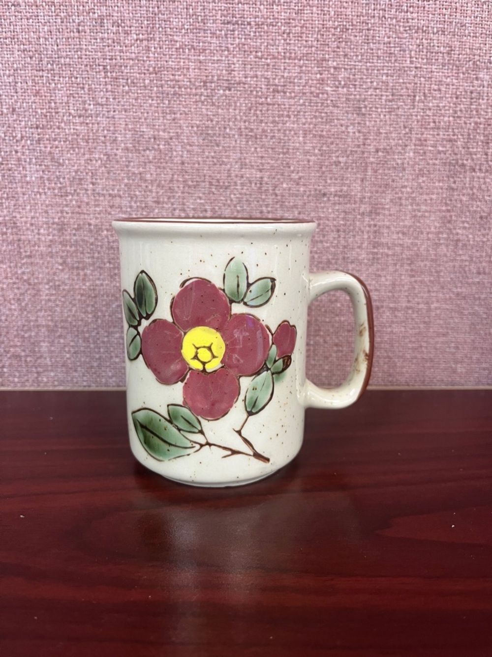 Vintage hand-painted stoneware mug with floral design in the style of Otagiri.
